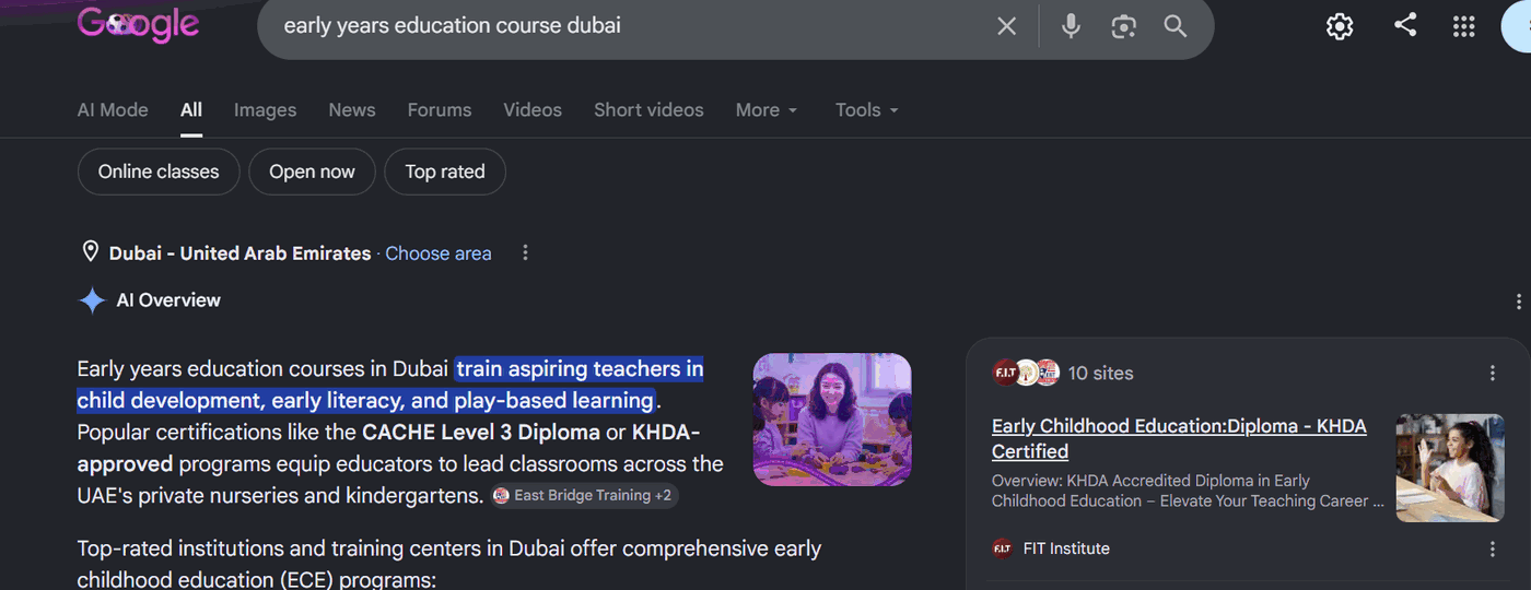 Verified search and AI overview ranking screenshot