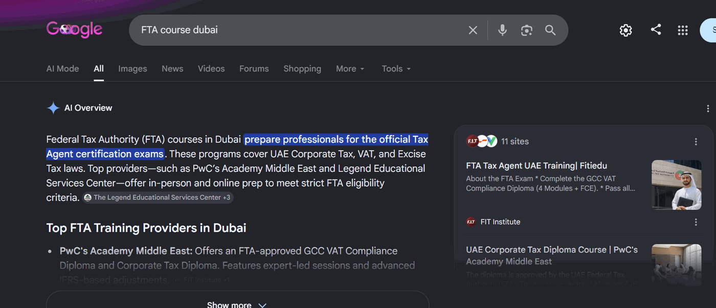 Verified search and AI overview ranking screenshot